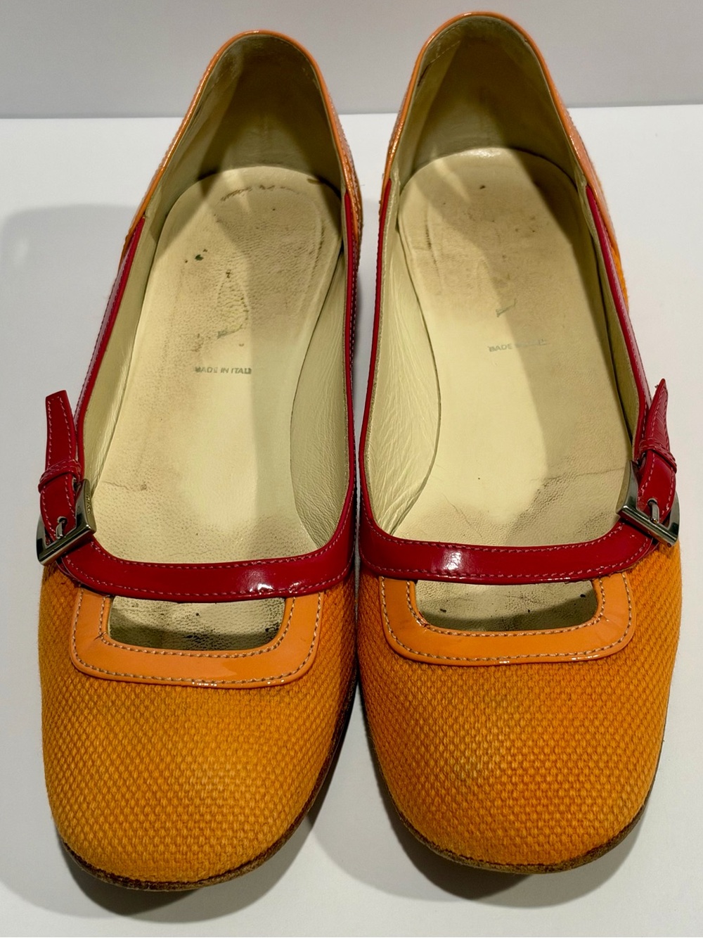 Prada Orange Pink Mary Jane Pumps Colorblock Low Block Heels EU 37 Mod - Picture 2 of 11